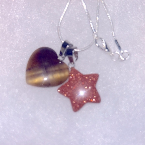 Tigers Eye heart ❤️ and Goldstone Star sterling silver necklace - Picture 4 of 6